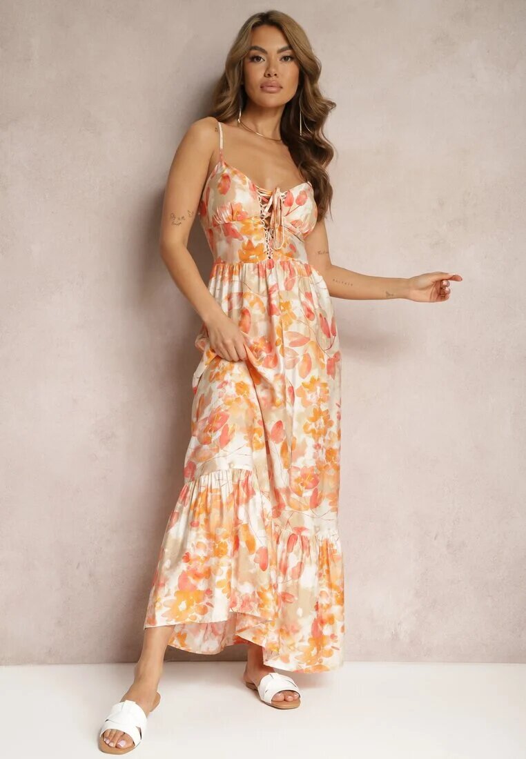 rosse line Rochie portocalie cu croi evazat floral din bumbac și viscoză cu legătură la decolteu Nasima