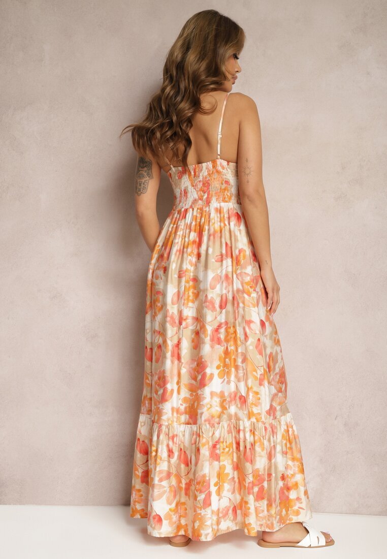 rosse line Rochie portocalie cu croi evazat floral din bumbac și viscoză cu legătură la decolteu Nasima