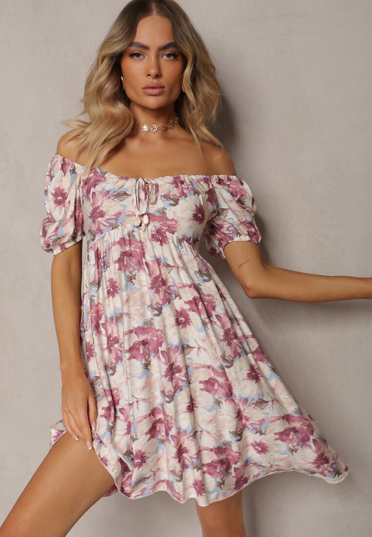 rosse line Rochie Roz-Bej cu decolteu legat și mâneci bufante cu elastic la spate cu imprimeu floral Vikolla