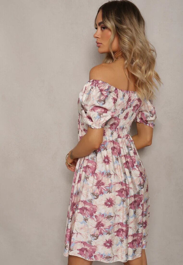 rosse line Rochie Roz-Bej cu decolteu legat și mâneci bufante cu elastic la spate cu imprimeu floral Vikolla