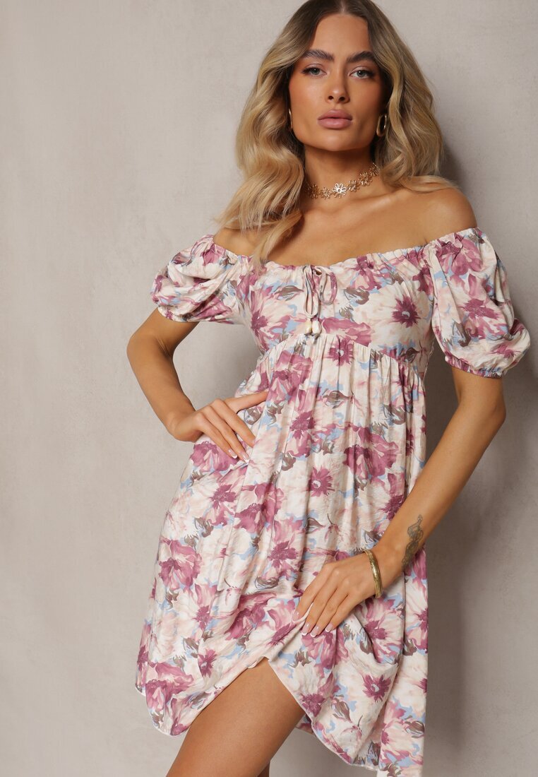 rosse line Rochie Roz-Bej cu decolteu legat și mâneci bufante cu elastic la spate cu imprimeu floral Vikolla
