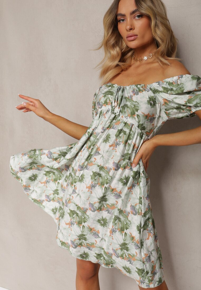rosse line Rochie Verde-Bej cu Decolteu legat și Mâneci bufante cu elastic la spate cu model floral Vikolla
