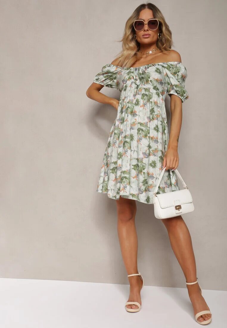 rosse line Rochie Verde-Bej cu Decolteu legat și Mâneci bufante cu elastic la spate cu model floral Vikolla
