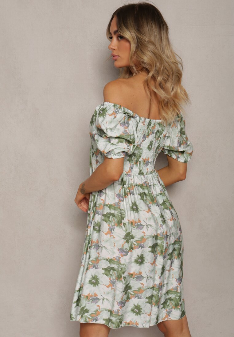 rosse line Rochie Verde-Bej cu Decolteu legat și Mâneci bufante cu elastic la spate cu model floral Vikolla