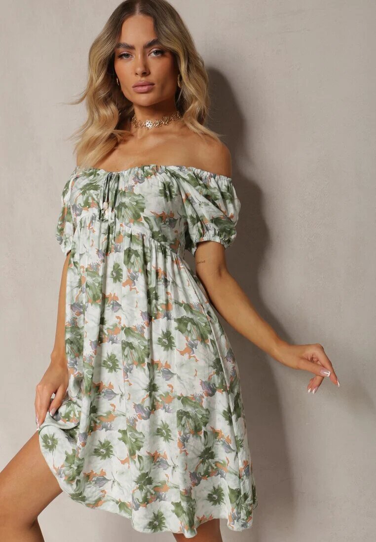 rosse line Rochie Verde-Bej cu Decolteu legat și Mâneci bufante cu elastic la spate cu model floral Vikolla