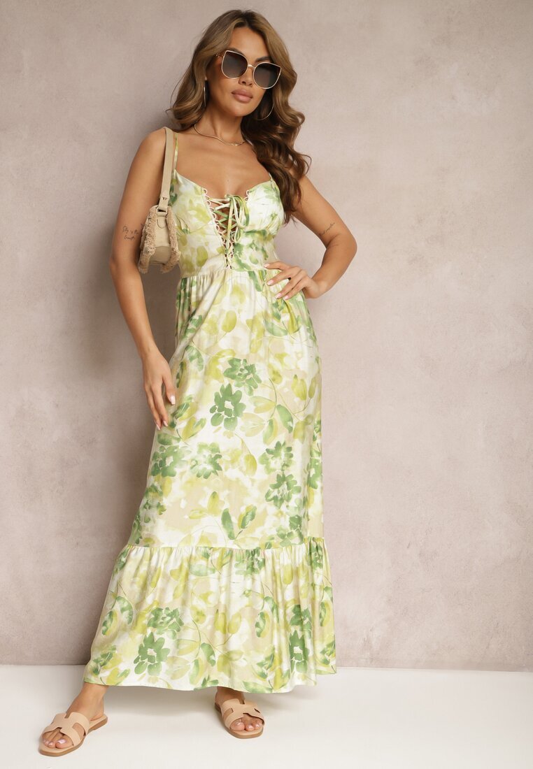 rosse line Rochie Verde cu Fason Cloș Florală din Bumbac și Viscoză cu Șnur la Decolteu Nasima