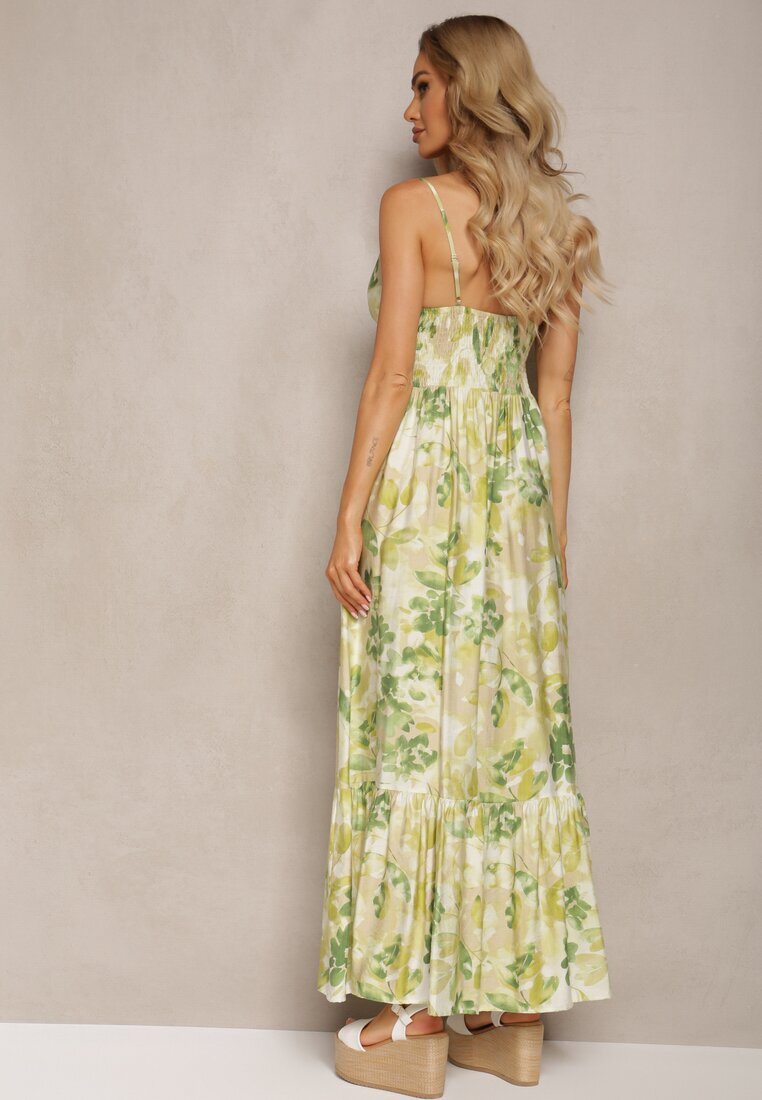 rosse line Rochie Verde cu Fason Cloș Florală din Bumbac și Viscoză cu Șnur la Decolteu Nasima