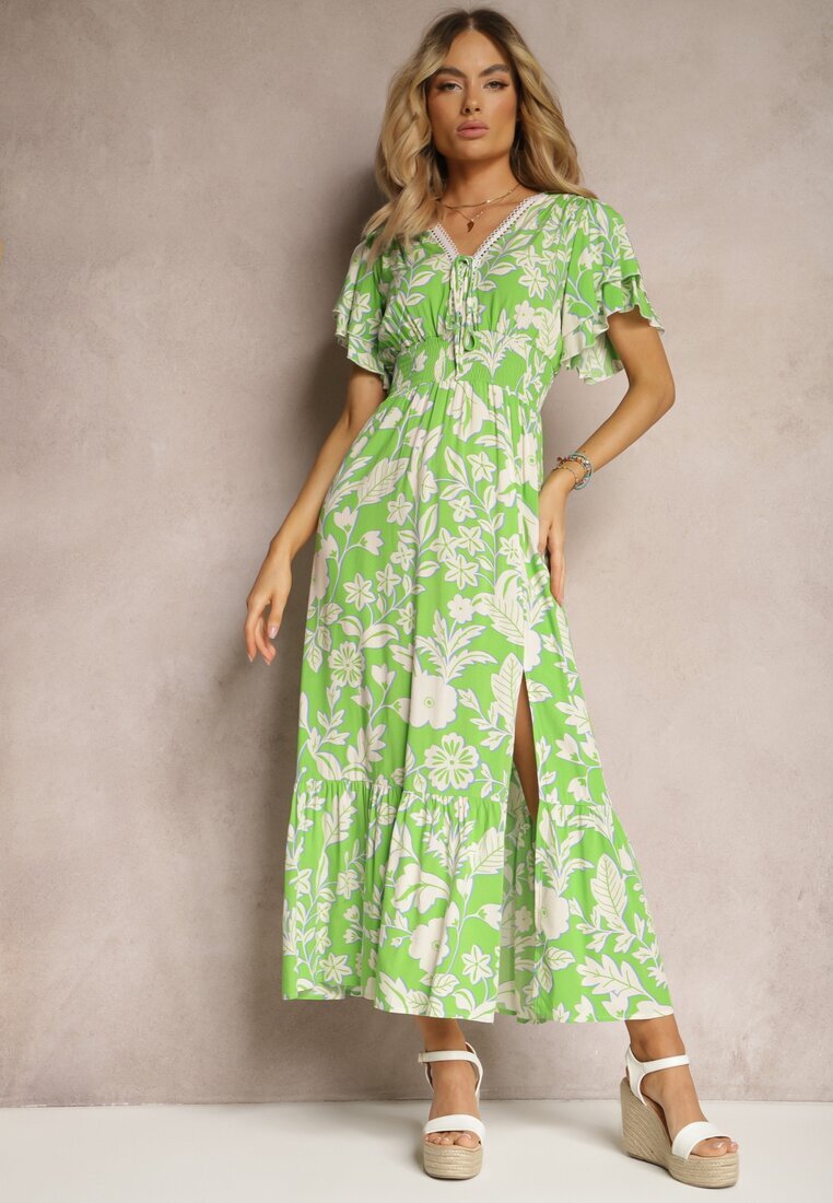 rosse line Rochie verde deschis din viscoză cu mânecă scurtă legată în față strânsă în talie Tessam