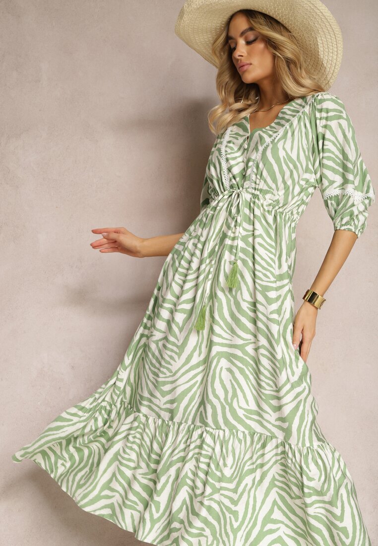 rosse line Rochie Verde deschis din Viscoză și Bumbac Decorată cu un Volan și un Șnur în Talie Vantia