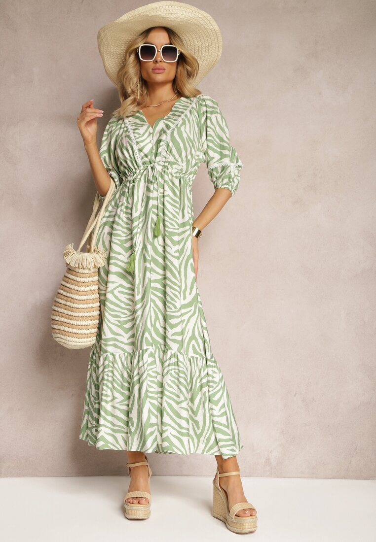 rosse line Rochie Verde deschis din Viscoză și Bumbac Decorată cu un Volan și un Șnur în Talie Vantia
