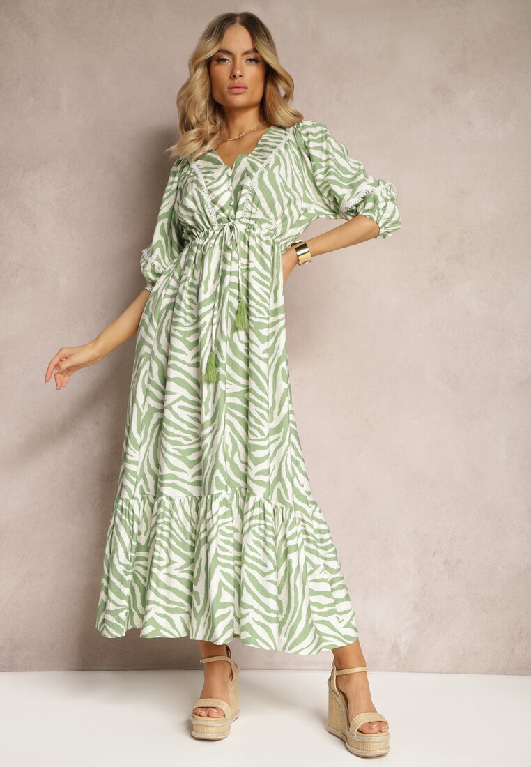 rosse line Rochie Verde deschis din Viscoză și Bumbac Decorată cu un Volan și un Șnur în Talie Vantia