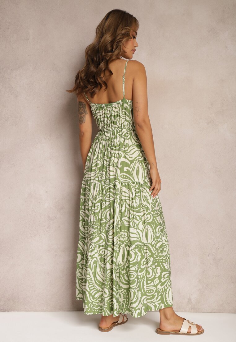 rosse line Rochie Verde Evazată cu Vâscoză și Bumbac Finisată cu Elastic în Talie și Volan Dimikka
