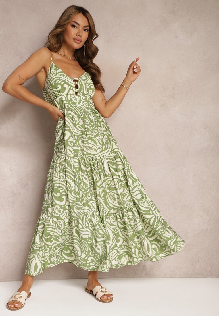 rosse line Rochie Verde Evazată cu Vâscoză și Bumbac Finisată cu Elastic în Talie și Volan Dimikka