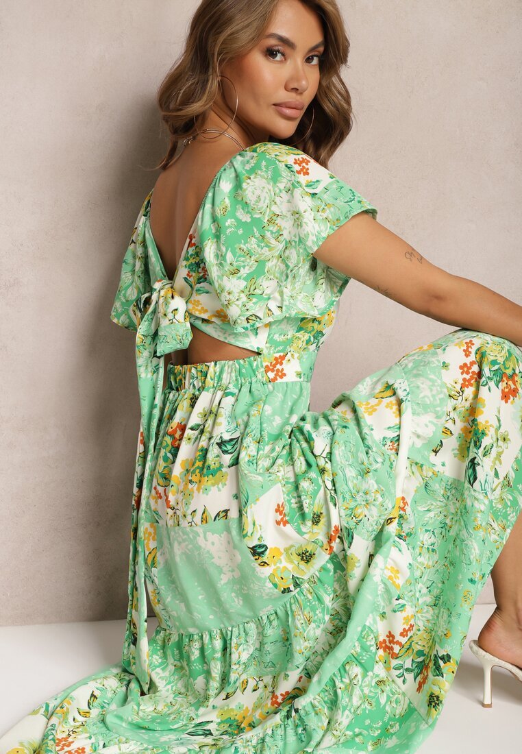 rosse line Rochie Verde Legată la spate cu Volan și Elastic în talie Dimille