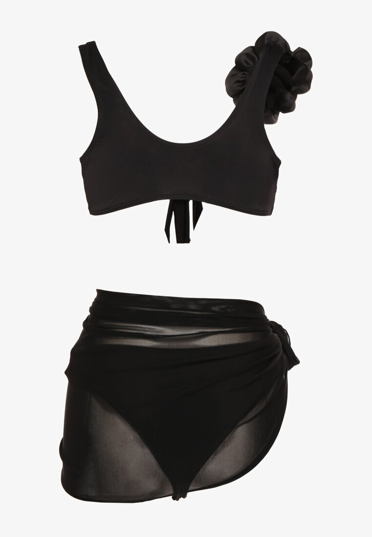 rosse line Sutien și Chiloți Bikini Negre cu Broșă Floare 3D și Pareo Plasă Folissa