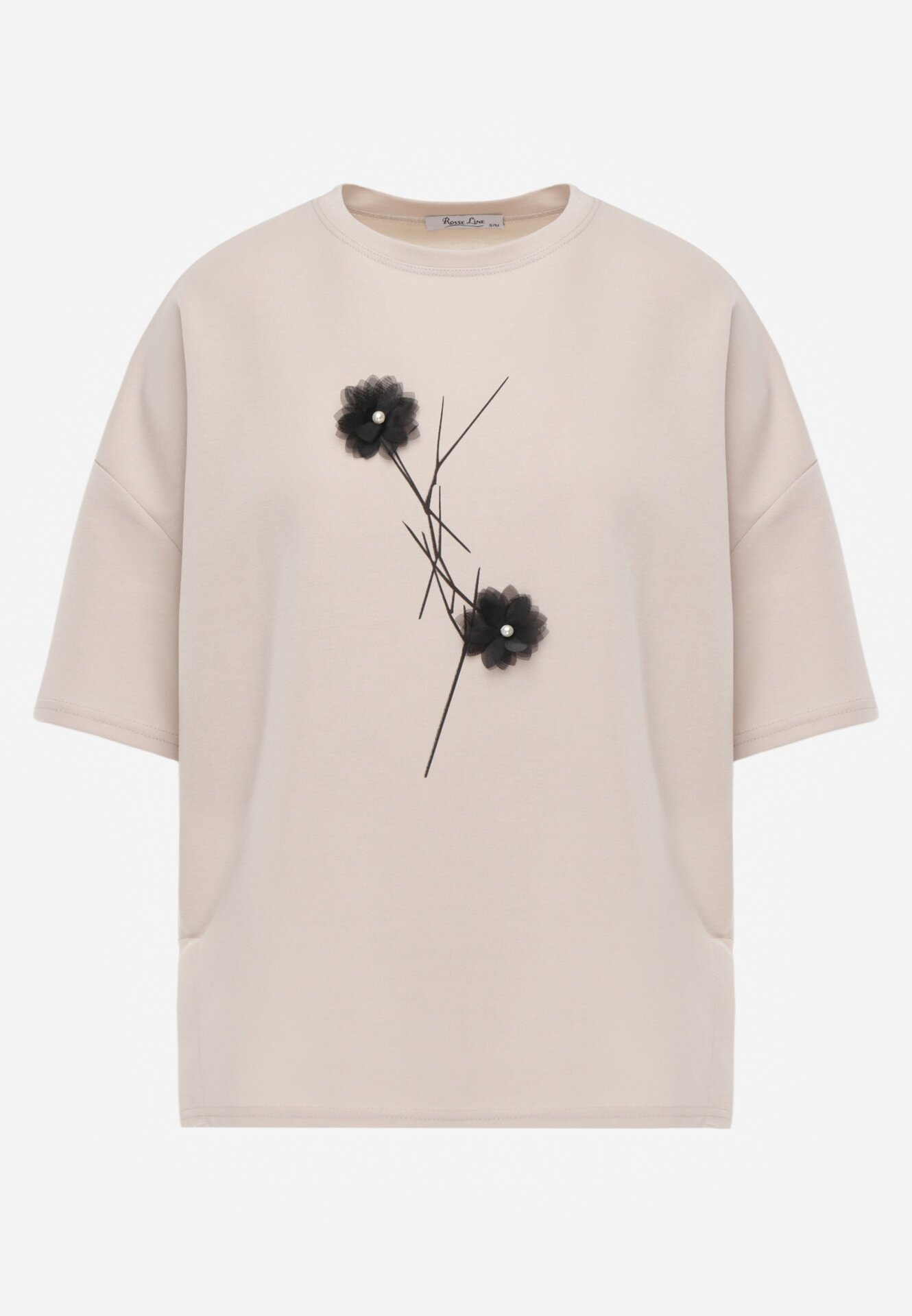 rosse line T-shirt din viscoză decorat cu flori și perle Muvine Bej deschis