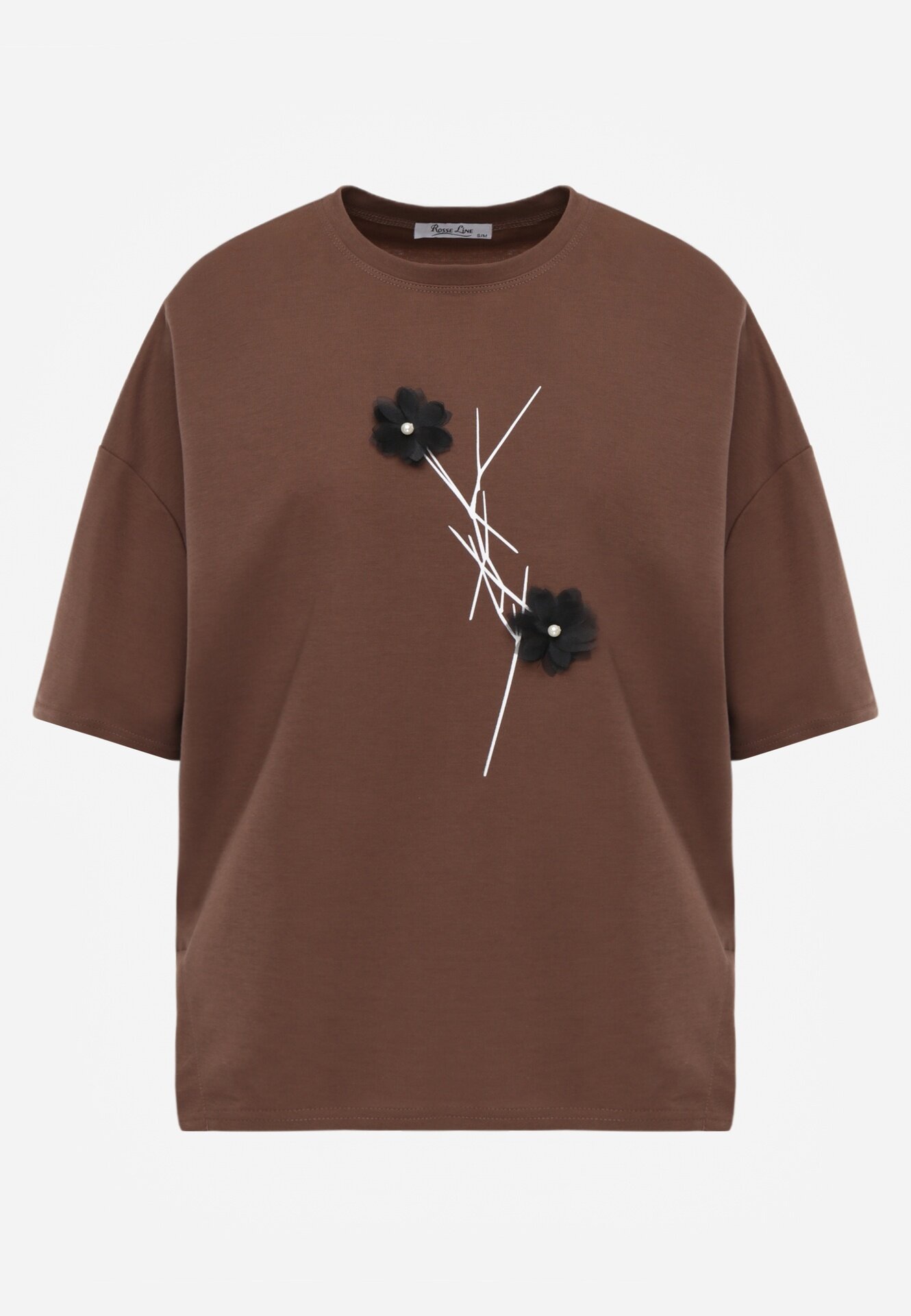 rosse line T-shirt din viscoză decorat cu flori și perle Muvine Maro