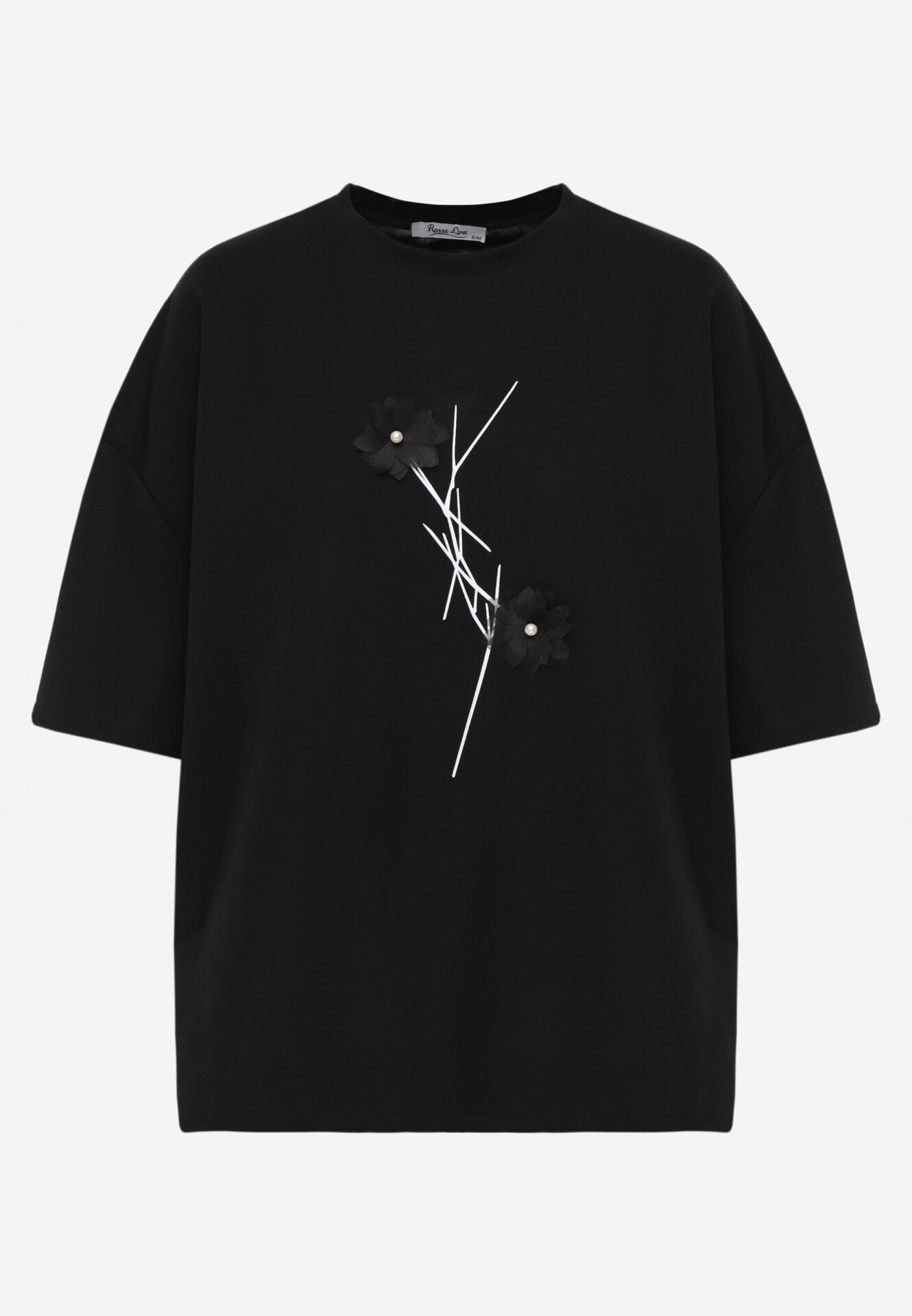 rosse line T-shirt din viscoză decorat cu flori și perle Muvine Negru