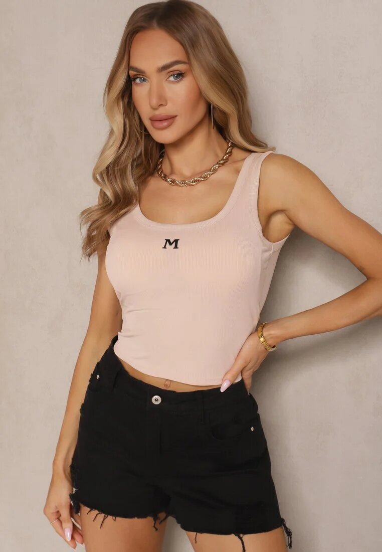 rosse line Top Bej Reiat cu Cupe Întărite Decorat cu Litera Nevoliene