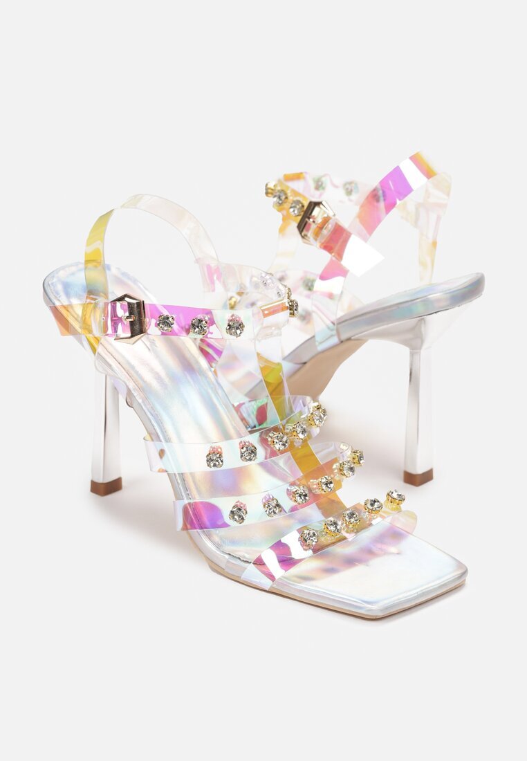  Sandale Argintii cu toc cu barete transparente decorate cu zirconii Luxnia