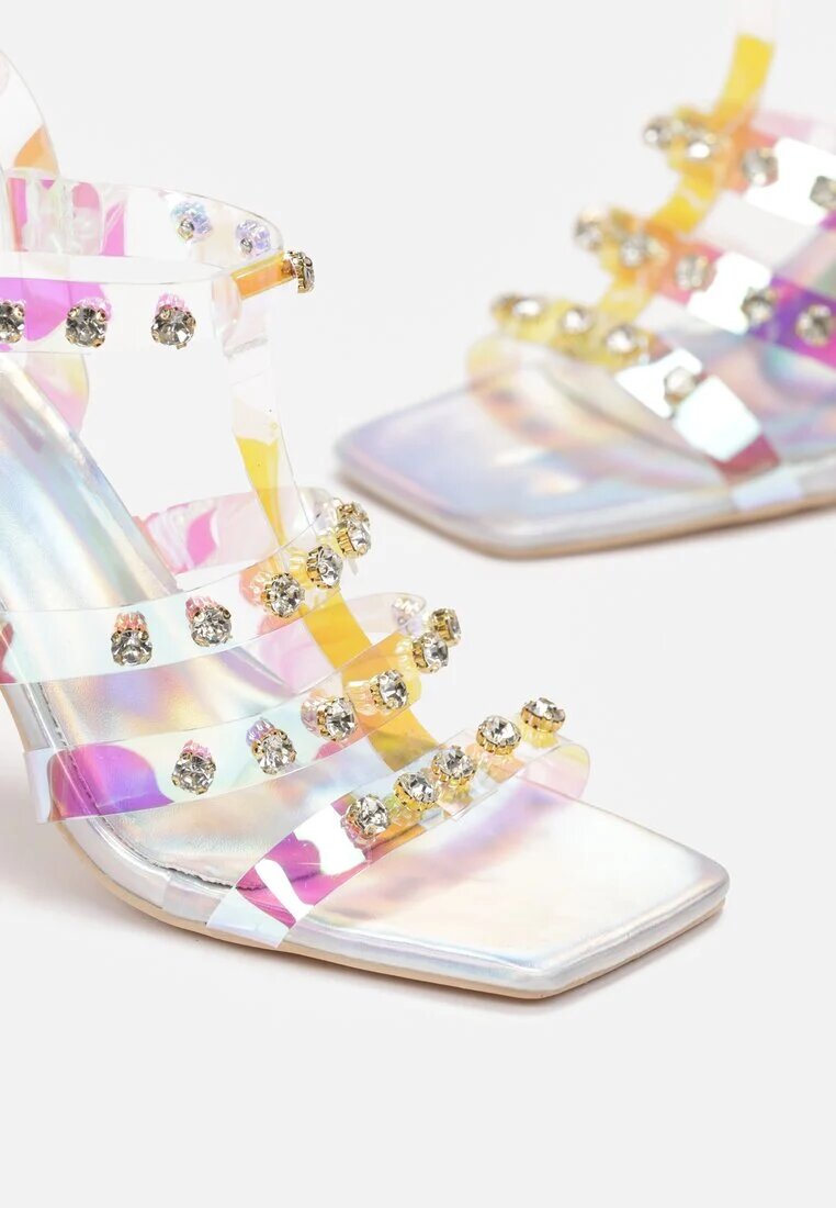  Sandale Argintii cu toc cu barete transparente decorate cu zirconii Luxnia