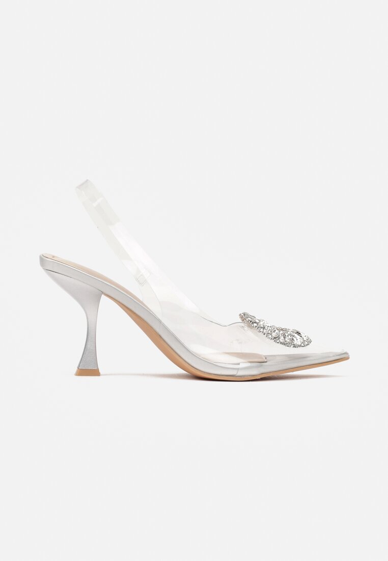  Sandale Argintii Transparente cu toc Stiletto cu cataramă cu zirconii Orchia