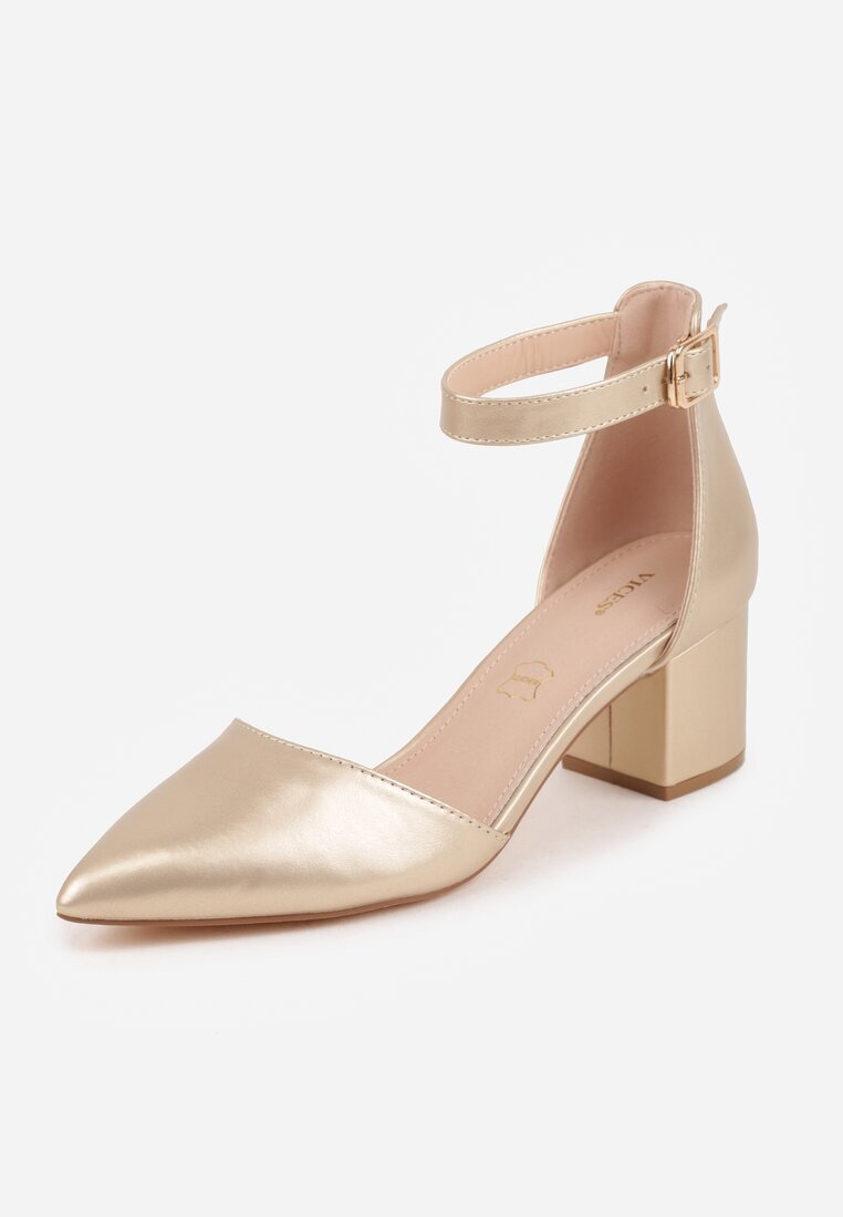  Sandale elegante aurii Vices cu toc gros cu branț din piele decorate cu sclipici Leanelith