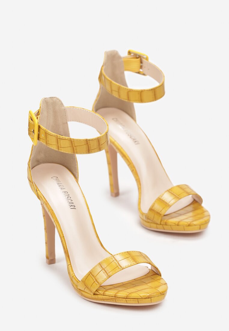 Sandale Galbene cu Toc Stiletto Decorate cu imprimeu crocodil Iolasaria