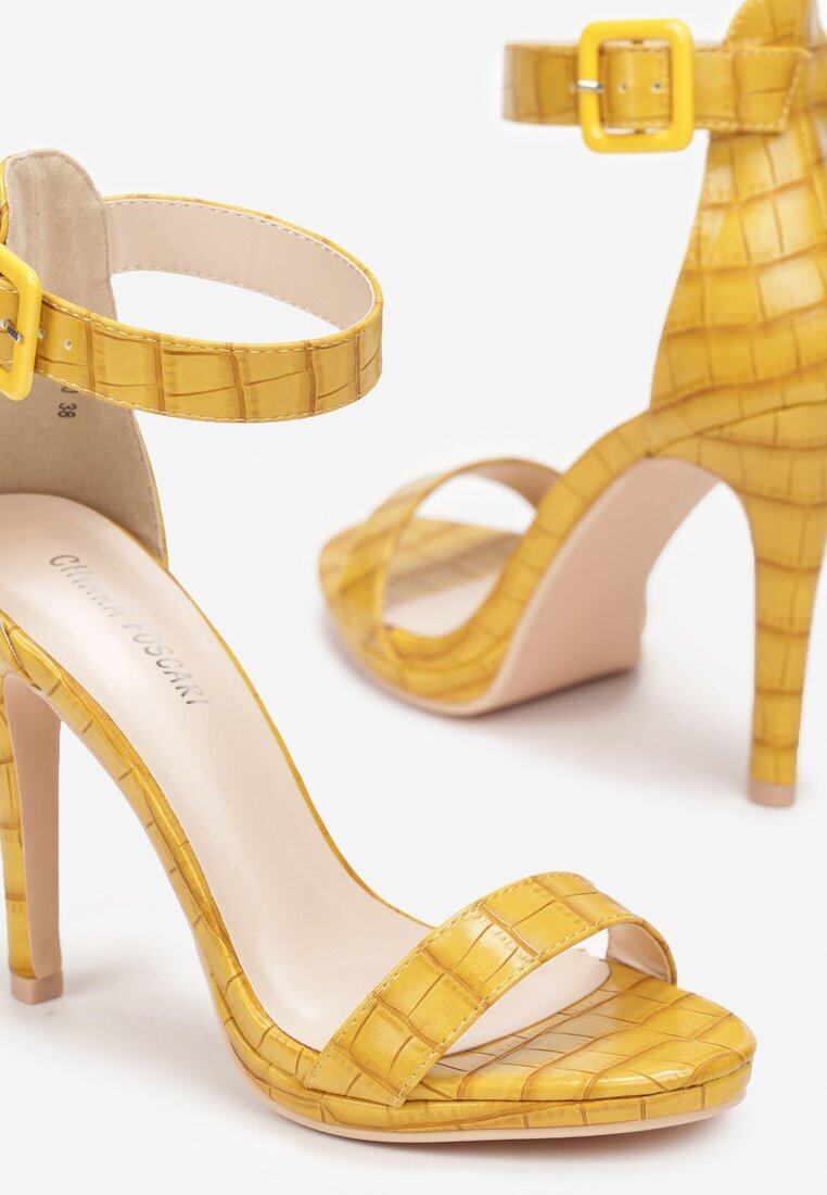  Sandale Galbene cu Toc Stiletto Decorate cu imprimeu crocodil Iolasaria