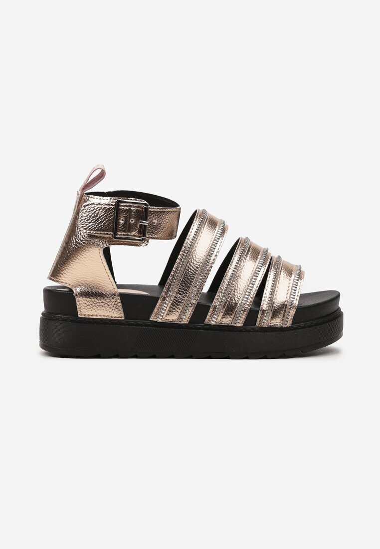  Sandale Gladiator Șampanie Decorate cu Fermoare pe Bretele Închise cu Cataramă Xerria