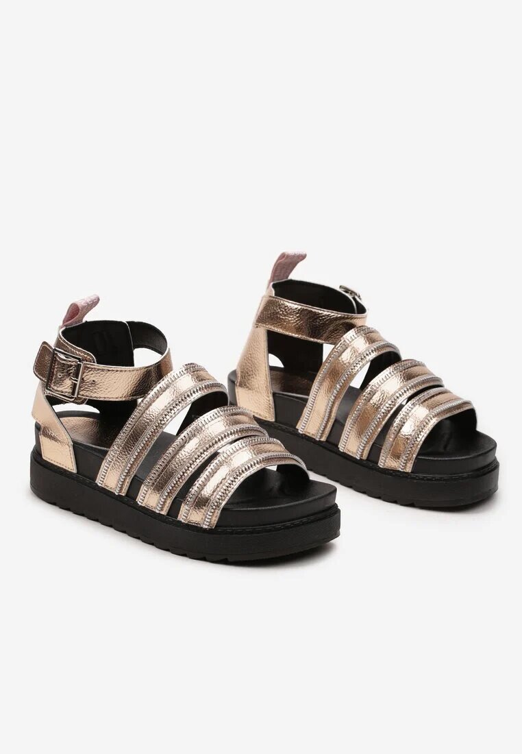  Sandale Gladiator Șampanie Decorate cu Fermoare pe Bretele Închise cu Cataramă Xerria