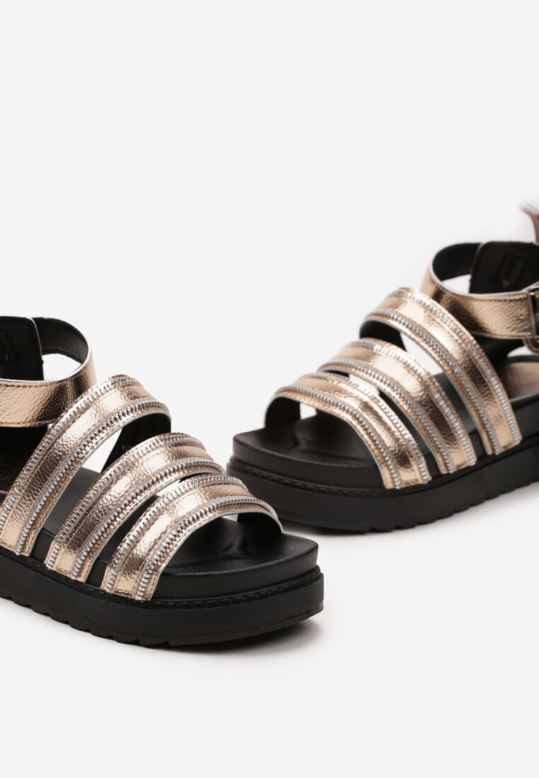  Sandale Gladiator Șampanie Decorate cu Fermoare pe Bretele Închise cu Cataramă Xerria