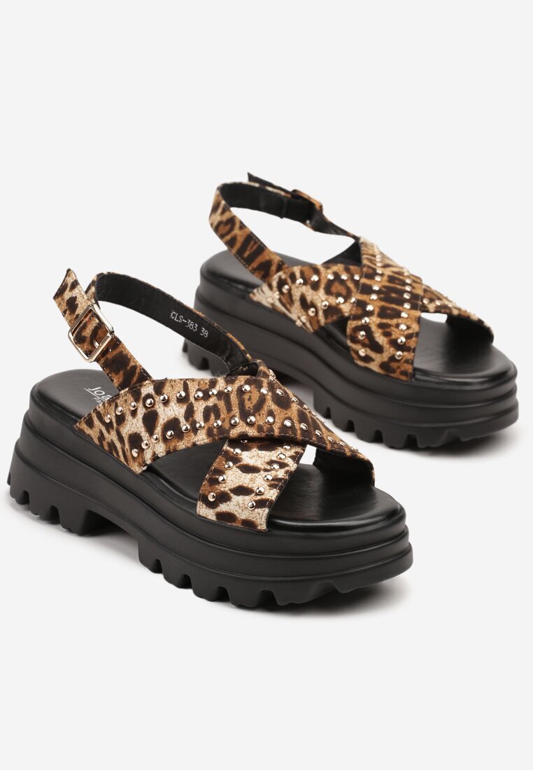  Sandale leopard cu nituri pe platformă embosată cu închidere cu cataramă Gonandra