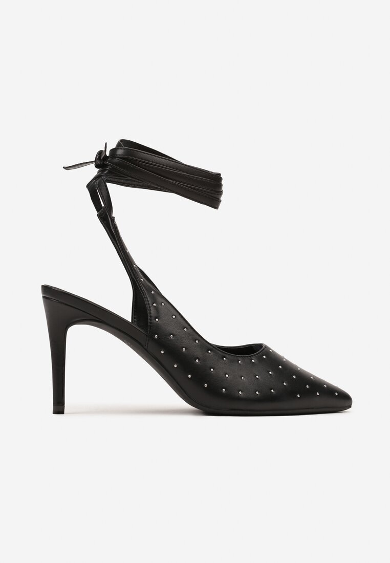  Sandale Negre cu toc stiletto cu barete legate și zirconii Jenglla