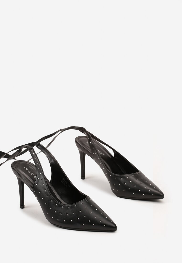 Sandale Negre cu toc stiletto cu barete legate și zirconii Jenglla