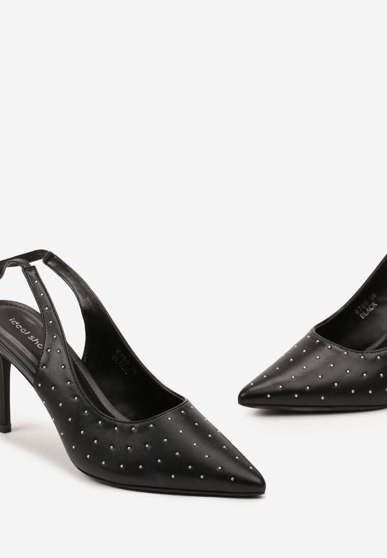  Sandale Negre cu toc stiletto cu barete legate și zirconii Jenglla