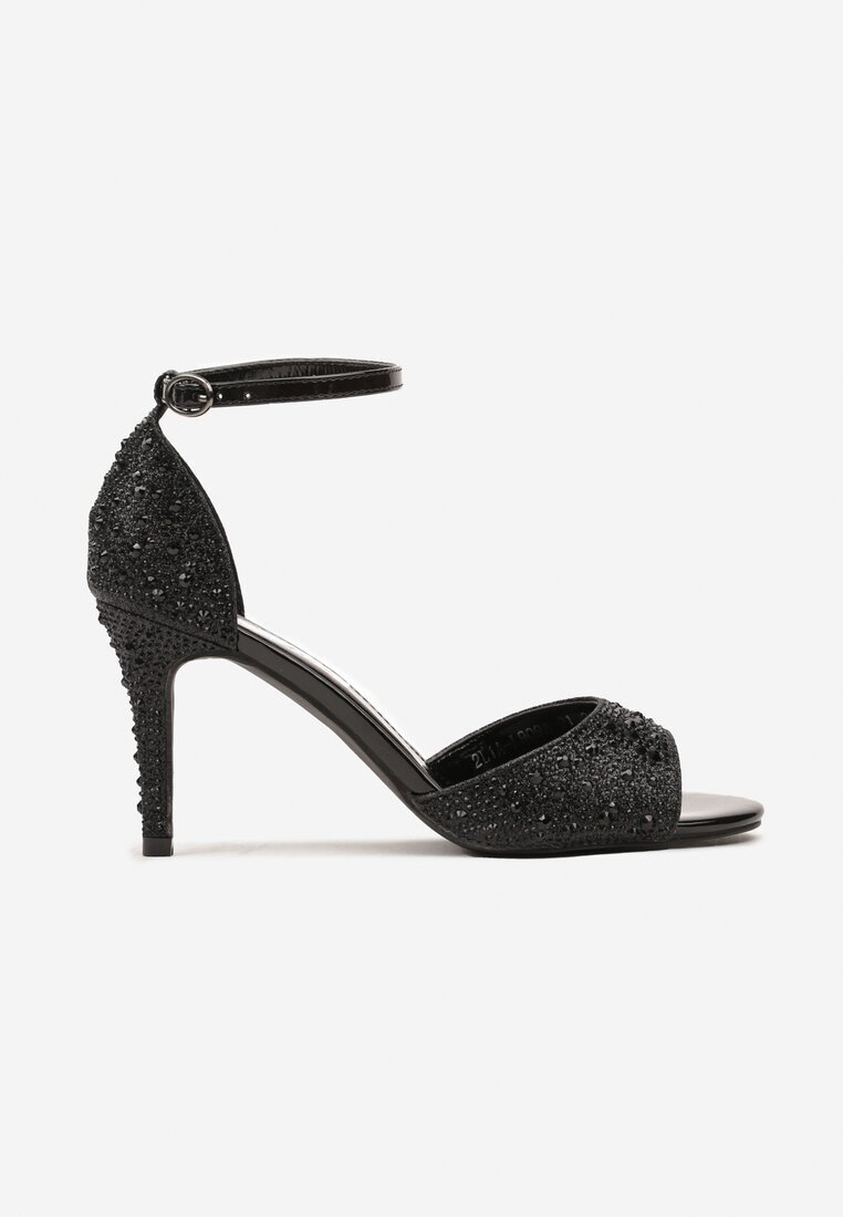 Sandale Negre cu Toc Stiletto Decorate cu Zirconii Nialuna