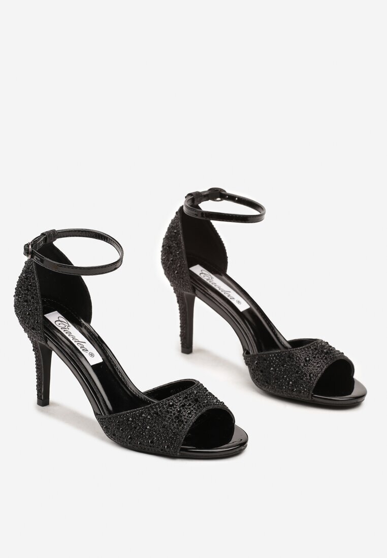  Sandale Negre cu Toc Stiletto Decorate cu Zirconii Nialuna