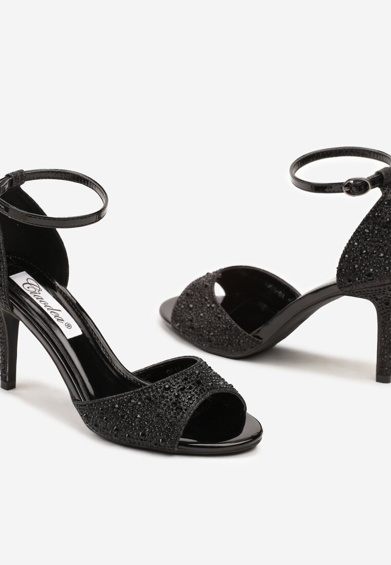  Sandale Negre cu Toc Stiletto Decorate cu Zirconii Nialuna