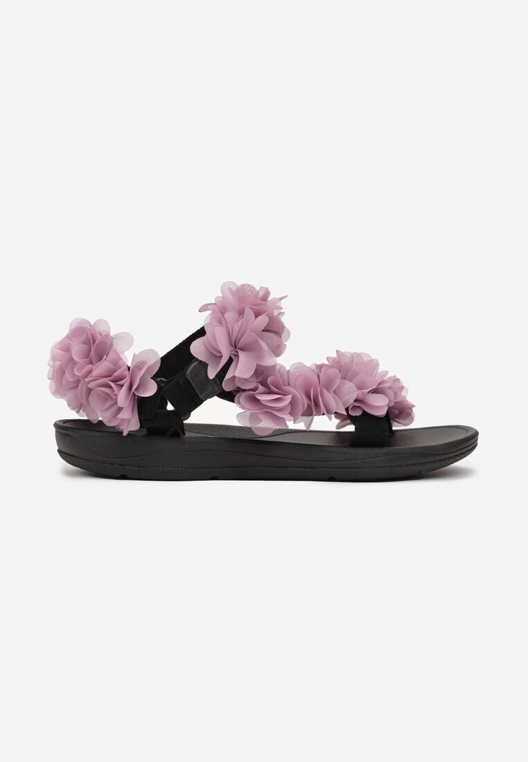  Sandale Negru-Violet cu Velcro și Aplicație cu Flori Dytia