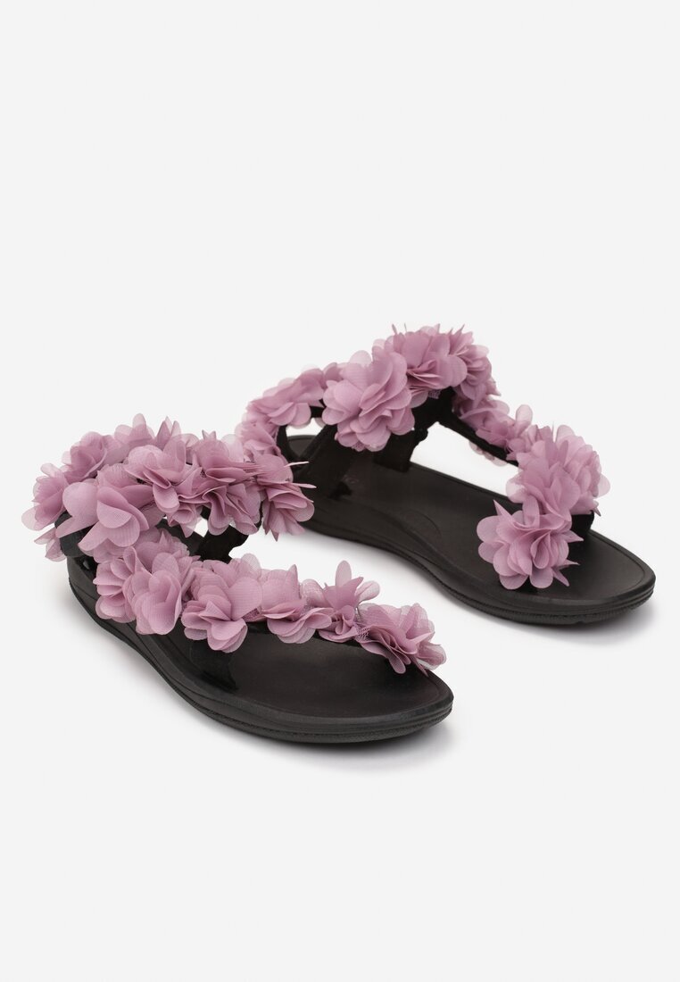  Sandale Negru-Violet cu Velcro și Aplicație cu Flori Dytia
