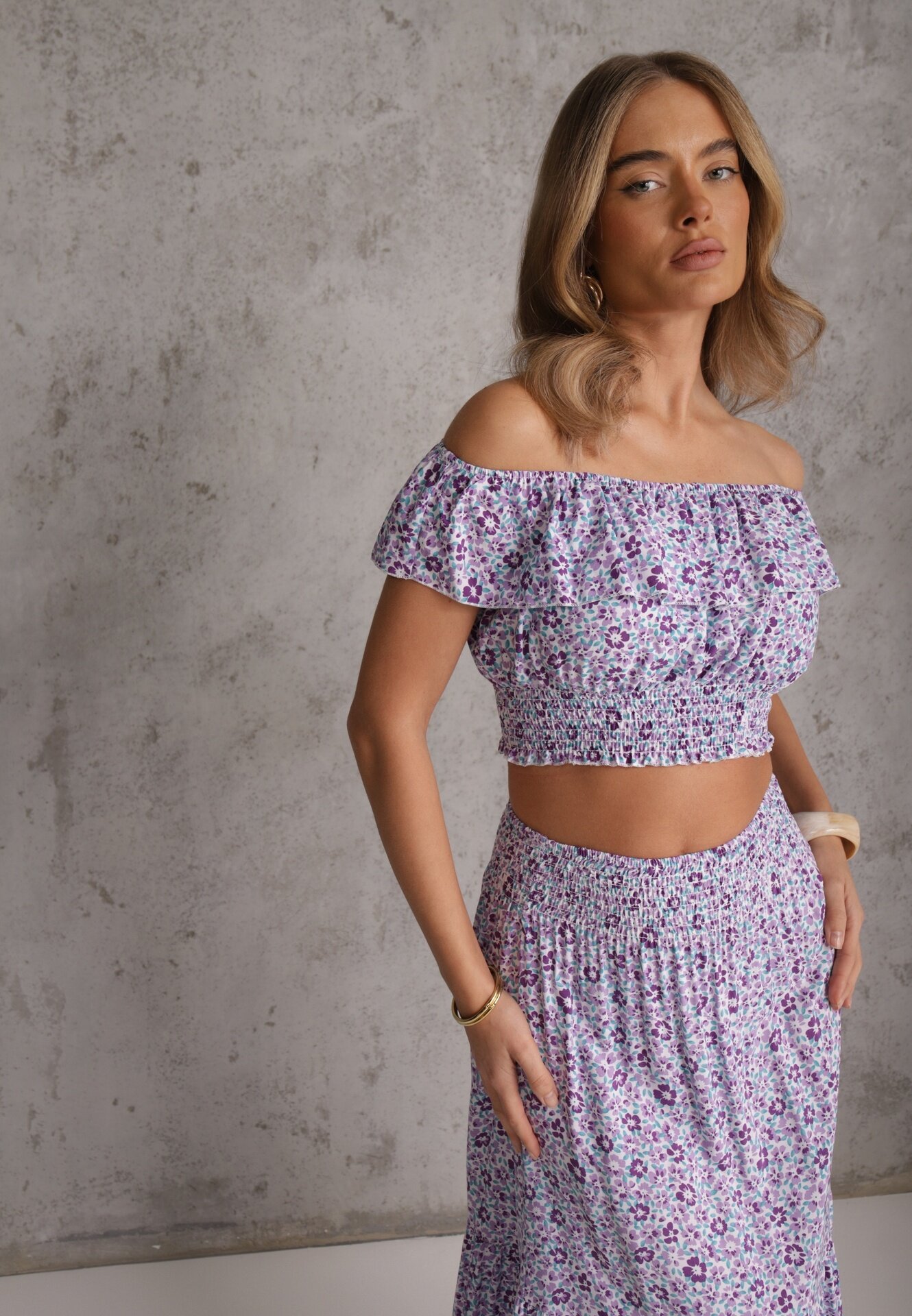  Set 2 piese Mov de bumbac cu top și fustă lungă floral Agnda