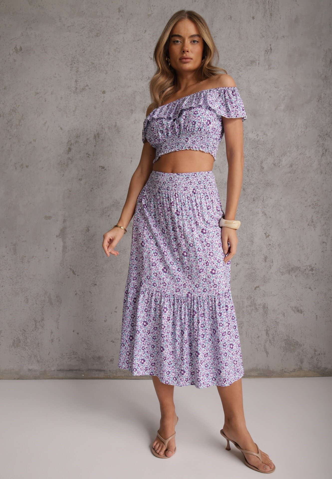  Set 2 piese Mov de bumbac cu top și fustă lungă floral Agnda