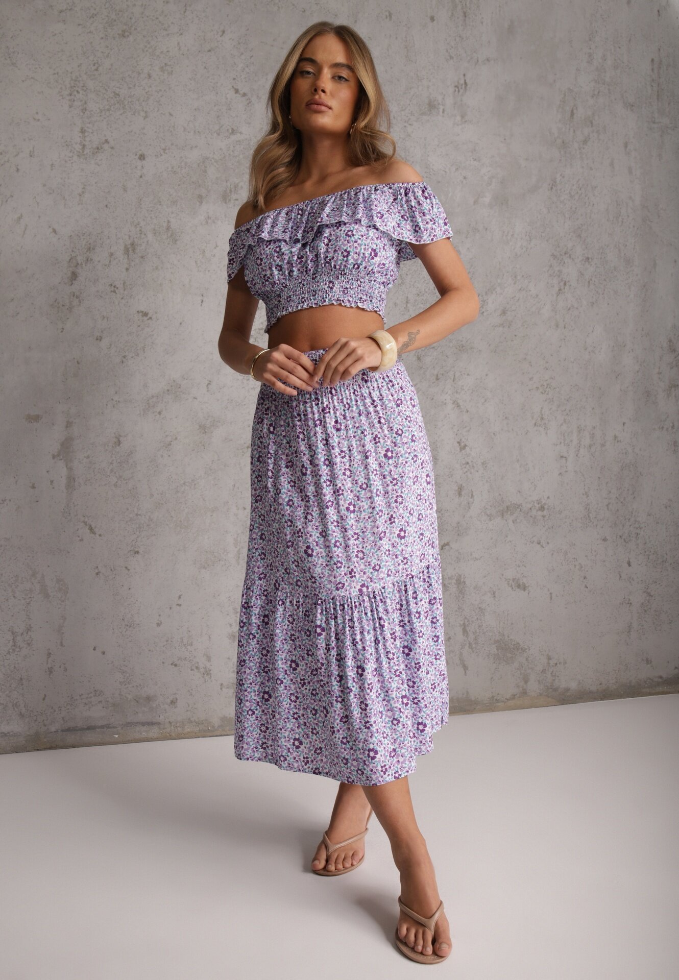 Set 2 piese Mov de bumbac cu top și fustă lungă floral Agnda