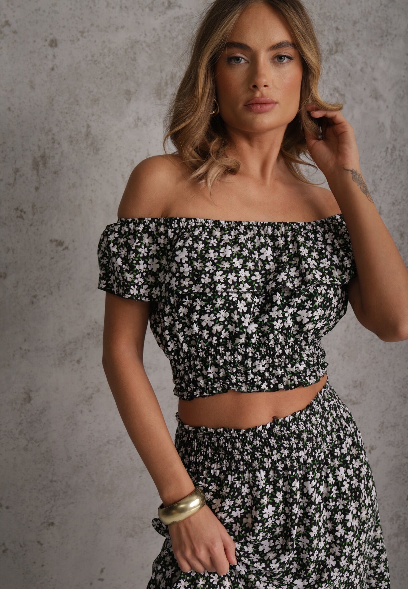  Set 2-piese Negru din bumbac cu Top și Fustă lungă florală Agnda