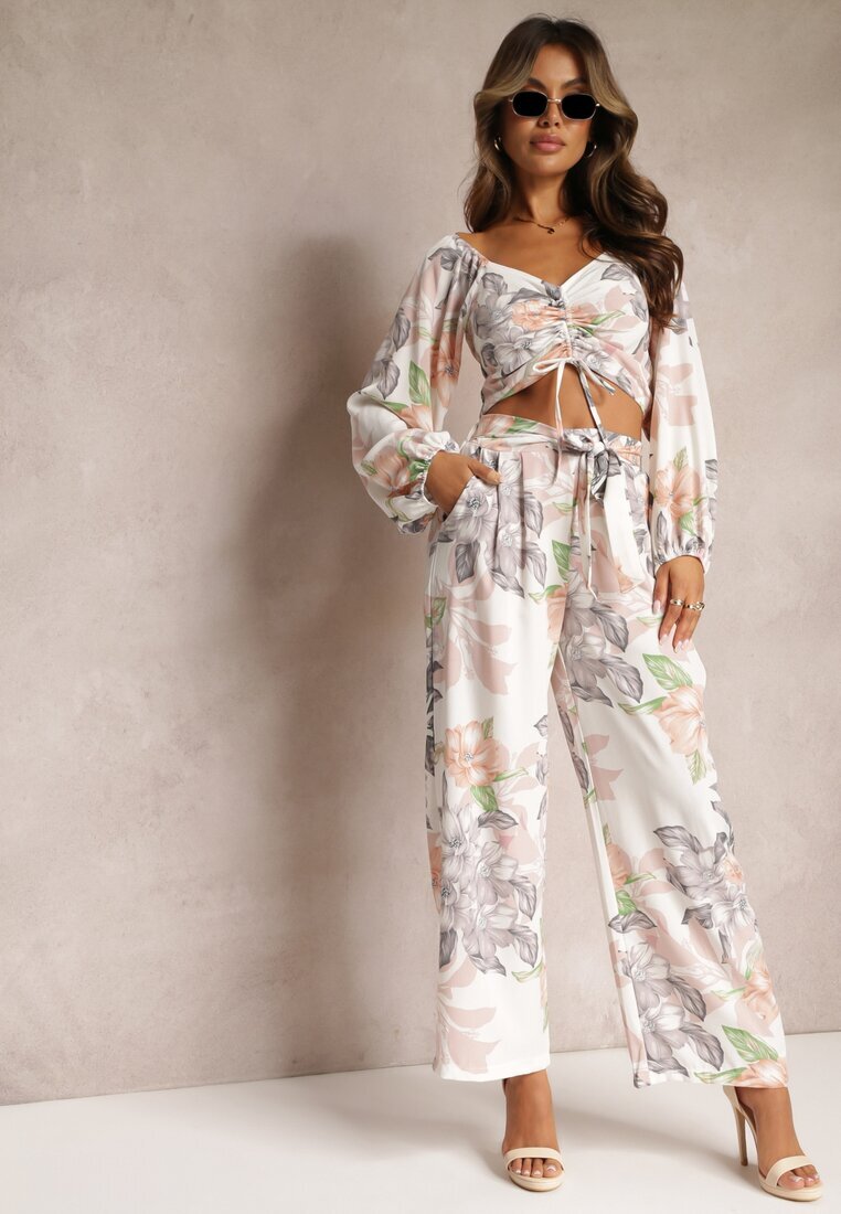  Set Alb 2 piese Bluză cu mânecă lungă Pantaloni largi cu elastic în talie cu flori Calaq