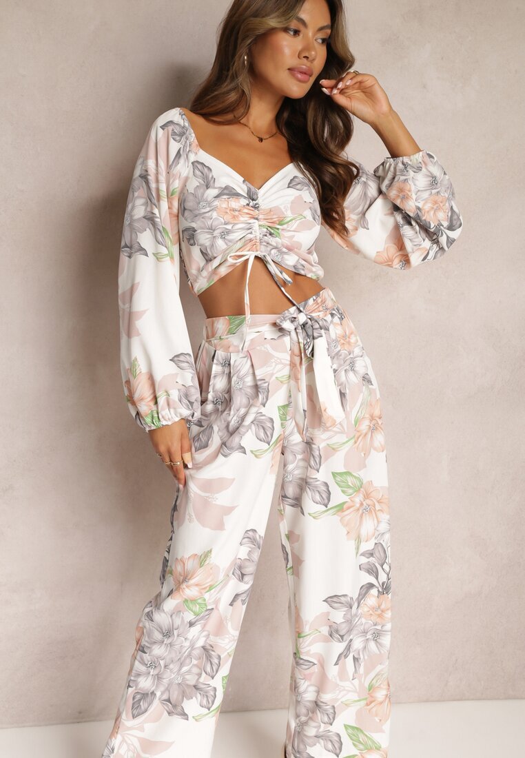 Set Alb 2 piese Bluză cu mânecă lungă Pantaloni largi cu elastic în talie cu flori Calaq