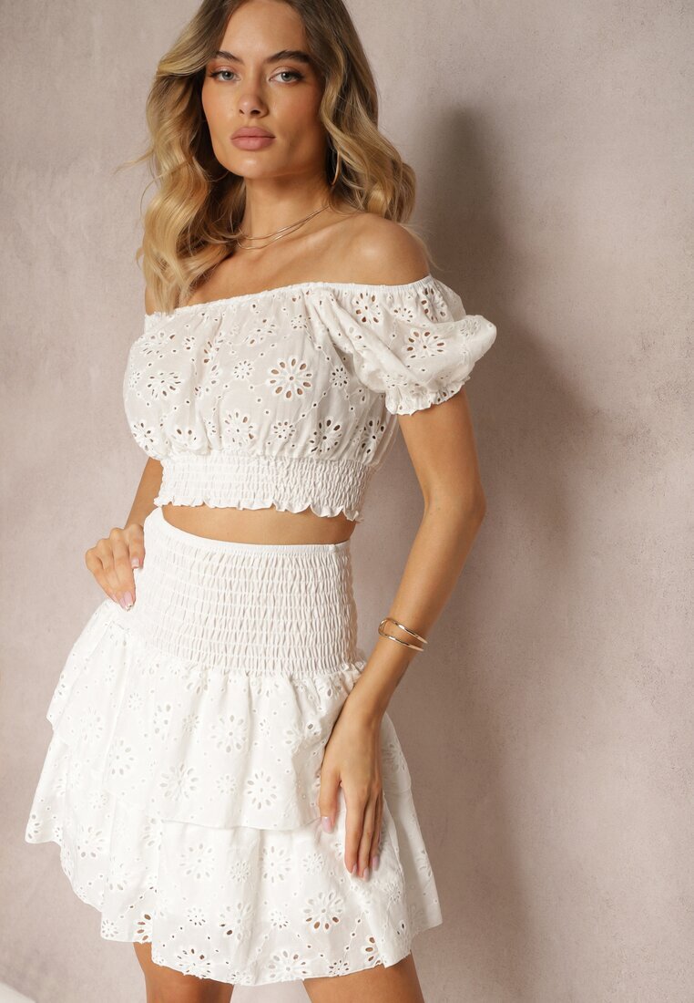  Set Alb 2 piese din Bumbac Ajurat Top în Stil Spaniol Fustă cu Elastic Dolflea