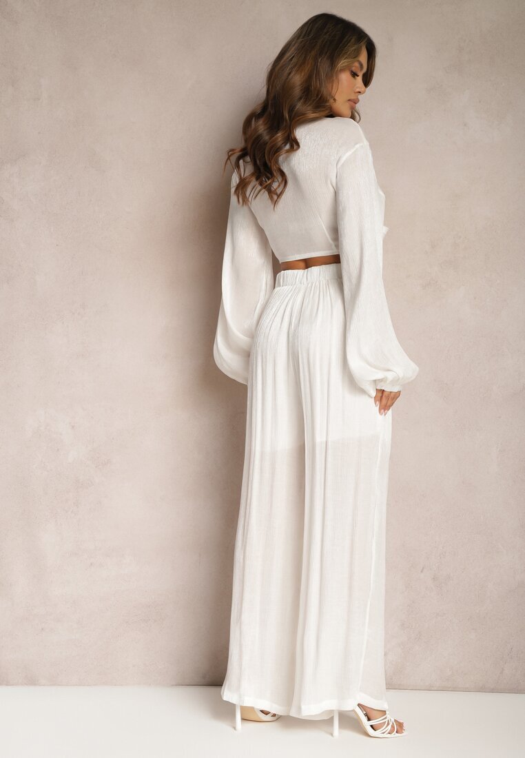  Set Alb Cămașă Legată cu Mânecă Largă și Pantaloni Larghi Aphina