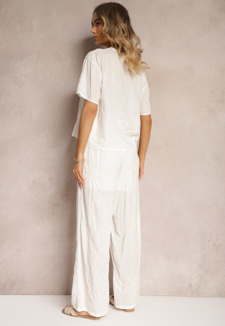  Set Alb cu Flori Brodate Tricou Larg și Pantaloni Drepti Namselin